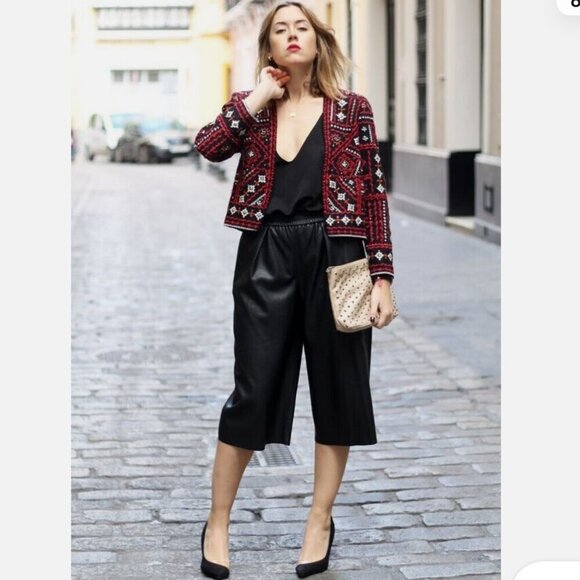 Zara Black Red Embroidered Beaded Open Front Crop Blazer Ethnic Dressy Statement - Picture 6 of 16